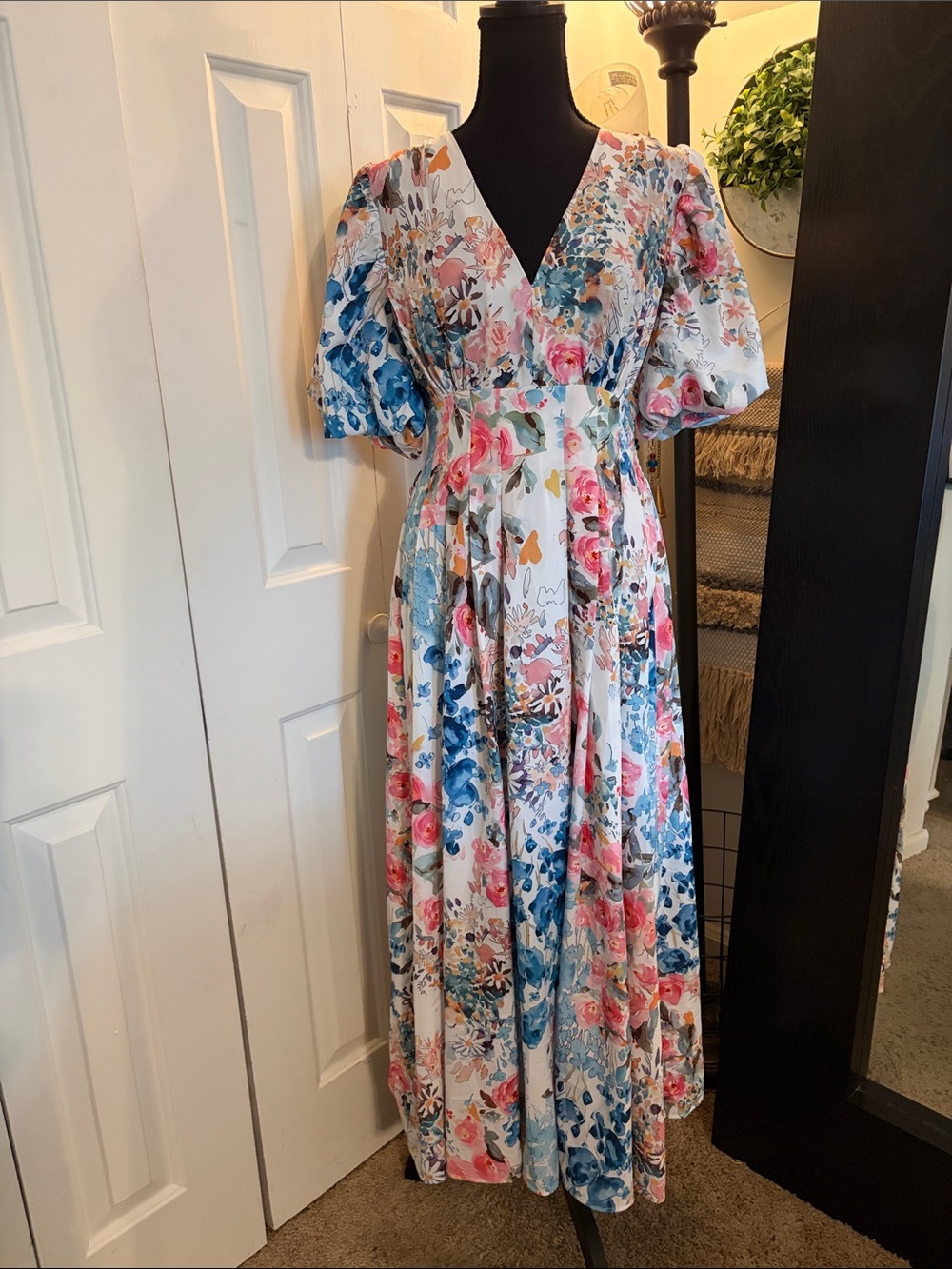 Floral Puff Sleeve V-Neck Maxi Dress - White Base with Pink & Blue Flowers